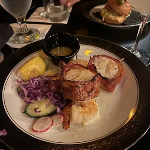 Bacon wrapped scallops and skewered shrimp