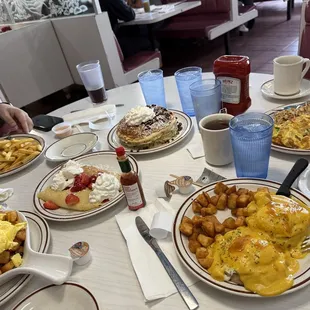 Crepes with strawberries, chocolate pancakes, and all the versions of eggs one could ask for.