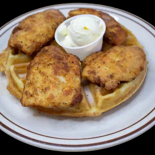 HANDBREADED CHICKEN ON OUR SWEET BELGIAN WAFFLE