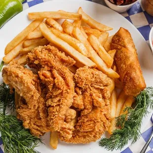 We sell lunch plates with wings and fries.