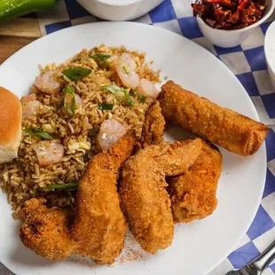 We sell lunch plates with our combination of wings and fried rice.