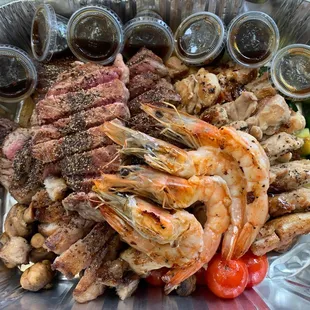 Teppan steak, chicken, and shrimp