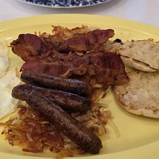 Platter A - Eggs, bacon, sausage, hashbrowns, English muffin