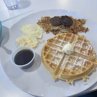 waffles, eggs, hash browns and coffee
