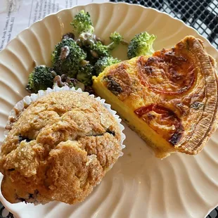 Quiche, broccoli salad, blueberry muffin