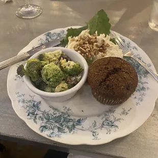 Chicken salad, broccoli salad, and gluten free muffin- all yummy! Part of the muffin crumbled on the plate- my fault!