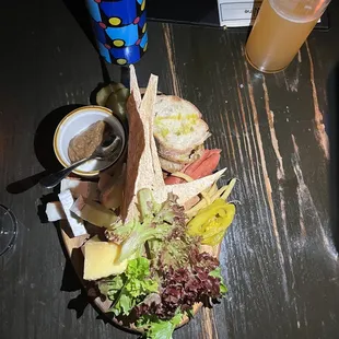 a plate of food and drinks