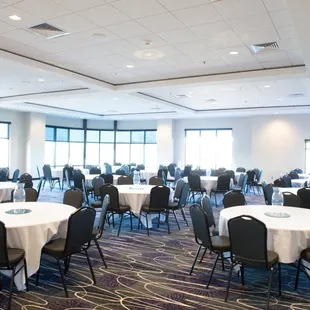 Hartford ballroom set in round tables. Perfect for a wedding or social event.