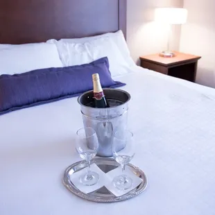 King bedroom. Beverage service available through our lounge.