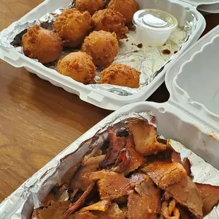 Briskey, hush puppies, fries, pulled pork sammy