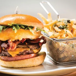 a cheeseburger and fries