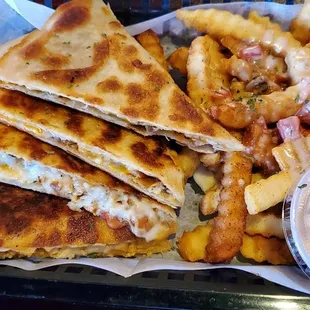 Chicken quesadilla and cheese fries