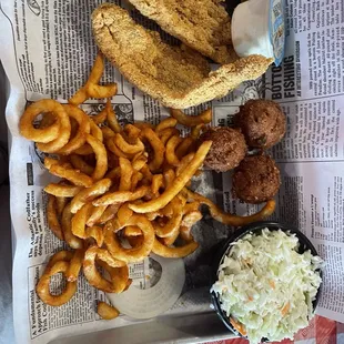 Catfish. Slaw. Hushpuppies. Fries