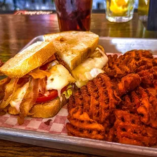 Grilled Chicken Club with Sweet Potato Waffle Fries