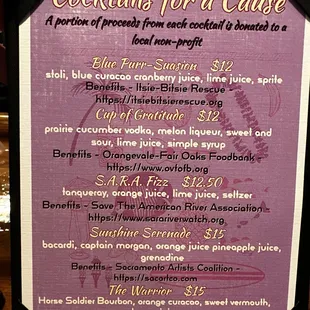 Cocktails for a Cause. Proceeds go to the specified charity.