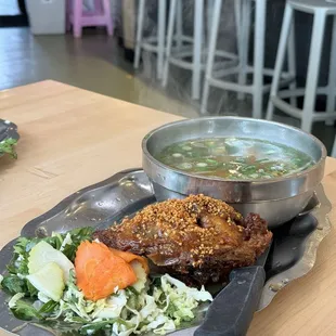 Fried chicken w egg noodle soup