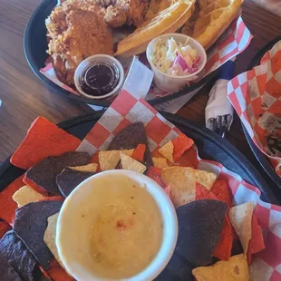 The Pimento Cheese Dip and the Fried Chicken and Waffles.