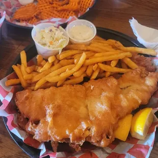 The Walley Basket (the fish was at least 10 inches long), and the Sweet Potato Waffle Fries.