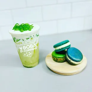 two macarons and a drink