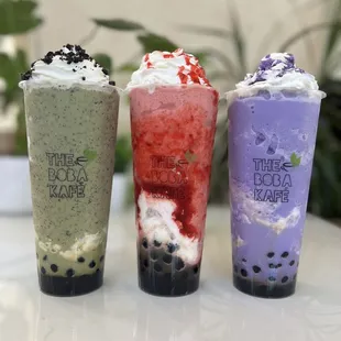 Oreo matcha blend, strawberry blast, ube taro swirl