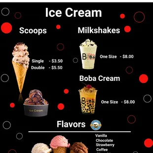 a menu for boba ice cream