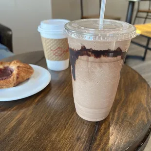 Hazelnut mocha chiller with oat milk, fall latte, raspberry pastry