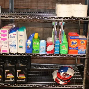 a shelf of cleaning products