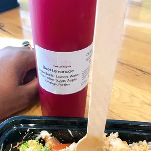 Beet lemonade and compostable fork.