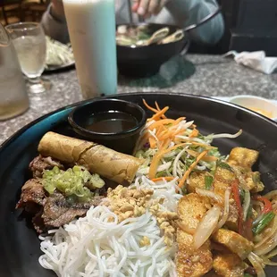 a plate of food and a drink