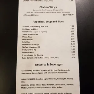 Back of menu