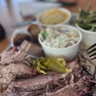brisket, slaw, green beans, pulled pork, mac and cheese