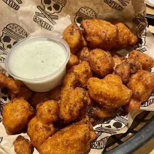 Buffalo Fried Cauliflower..came out piping hot.  Asked for a side of mild sauce for added flavor.