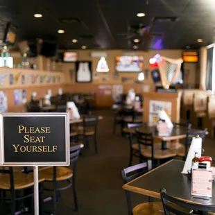 a sign in a restaurant