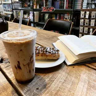 Iced Mocha Latte, Chocolate Eclair and a great read.