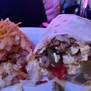 Breakfast burrito and hash