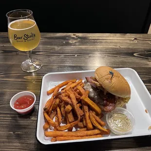 The Smoky Sarri Burger and Sweet Potato Fries with Brown Sugar