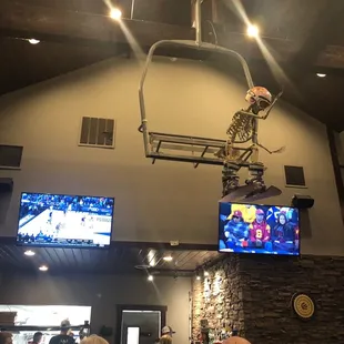 a skeleton hanging from the ceiling