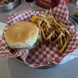 a hamburger and french fries