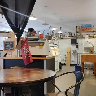 a view of a kitchen and dining area
