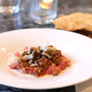 Bluefin Tuna Toro Tartar ($22) - tomato &amp; shishito pepper relish, pickled beech mushroom, sourdough crackers
