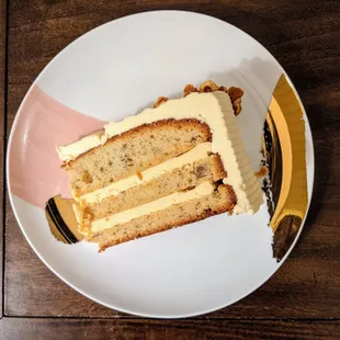 Delicious caramel banana layer cake with a luxurious frosting and a sprinkling of nuts. This is how I like my cakes.