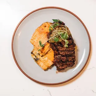 NY Strip, salsa verde, and sweet potato + poblano gratin