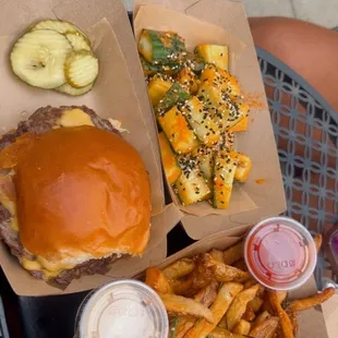 Burger, Fries &amp; cucumber salad