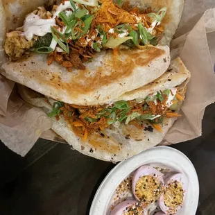 Tandoori chicken kebabs and deviled eggs