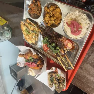 Paneer cheese stick, fried chicken, and thali special