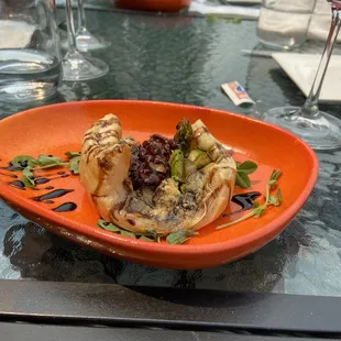 Puff pastry with caramelized walnuts, melted cheese, asparagus and fruits- vegetarian friendly