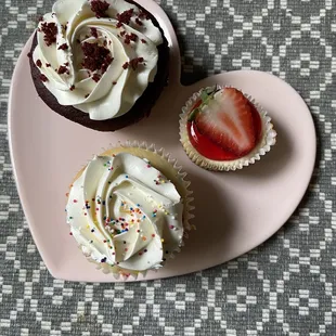 Strawberry cheesecake bite, red velvet cupcake, birthday cake cupcake