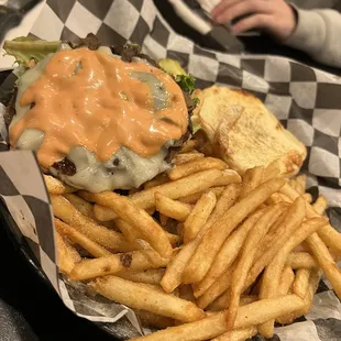a cheeseburger and fries