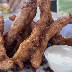 Crispy Fried Pickles with chipotle ranch dipping sauce