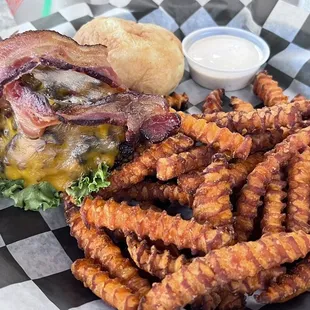 Jalapeño Popper Burger with sweet potato fries